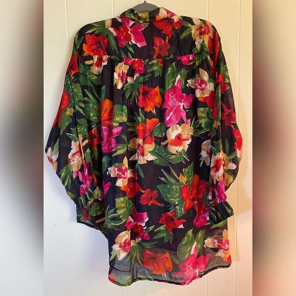 Biz Tango Blouse Women’s Medium Red Multicolored Floral Pleated Tunic - Picture 2 of 5